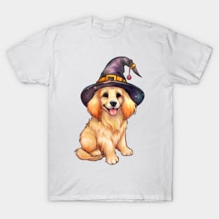 Watercolor Golden Retriever Dog in Witch Hat T-Shirt